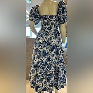 Abercrombie & Fitch Emerson Putf Sleeve White and Blue Floral Midi Skirt Dress